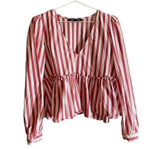 Long sleeve red and white striped low v neck peplum top